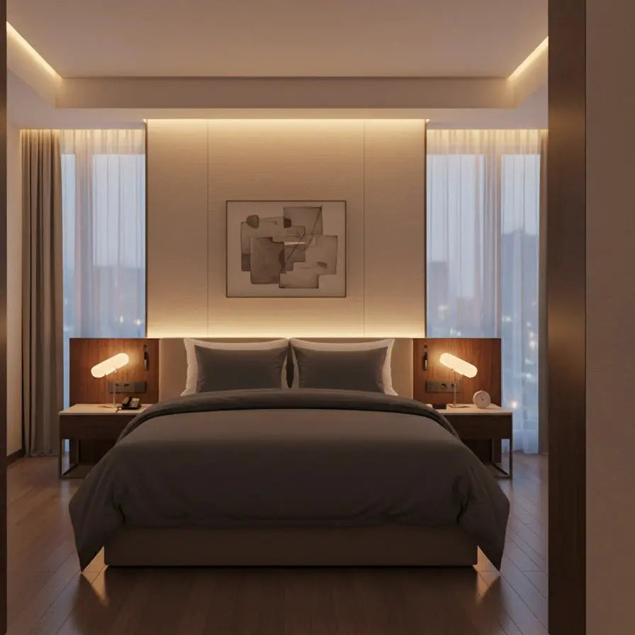 Tweepersoons antraciet dekbedovertrek op modern luxe hotelbed met warme sfeerverlichting en grote ramen met avondzicht.