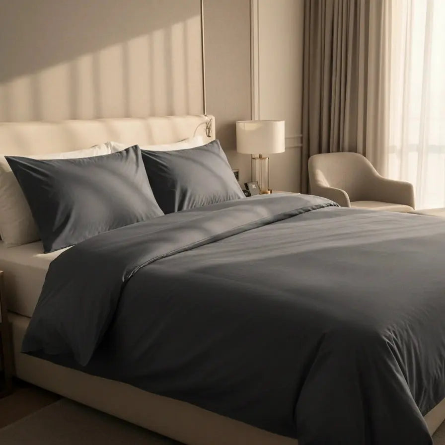 Antraciet dekbedovertrek tweepersoons op luxe hotelbed met bijpassende kussenslopen in lichte moderne slaapkamer met grote ramen en natuurlijk zonlicht.