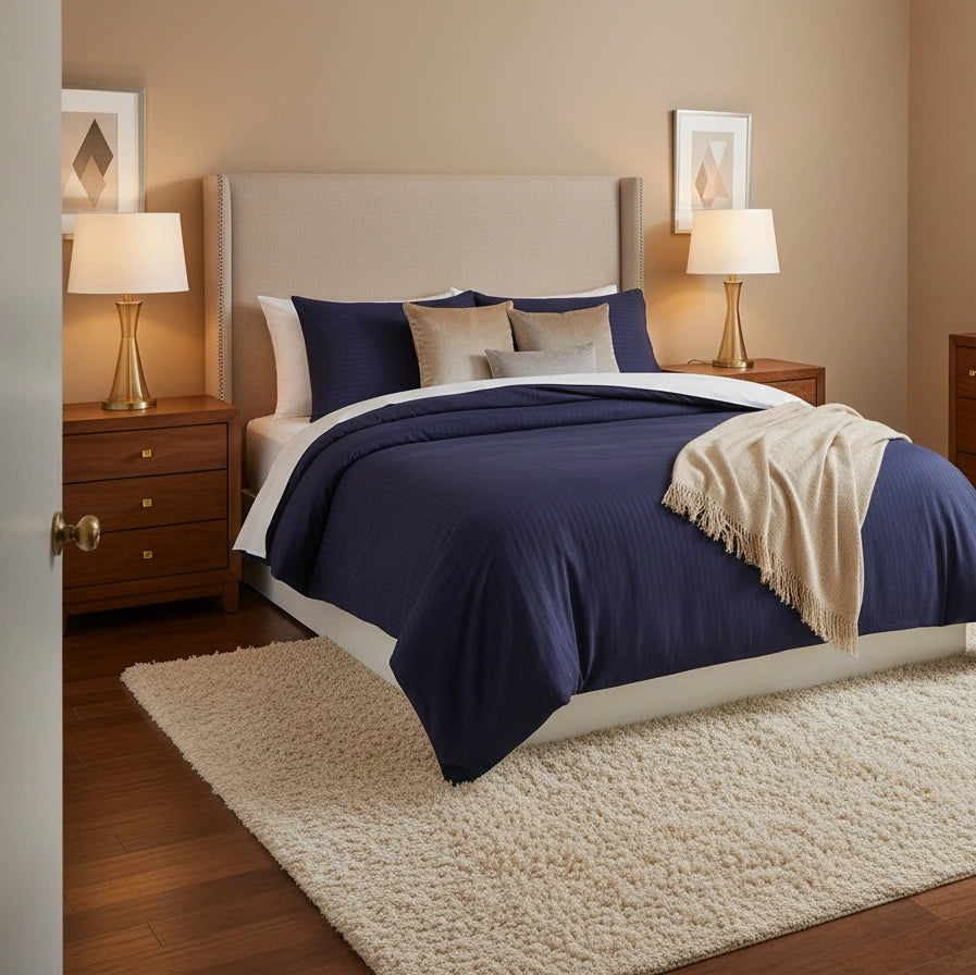 Dekbedovertrek 200x200 Satijn Katoen Gestreept Blauw