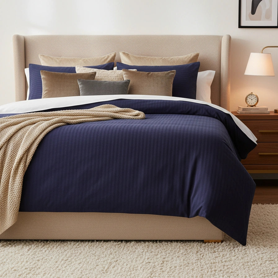 Dekbedovertrek 200x200 Satijn Katoen Gestreept Blauw