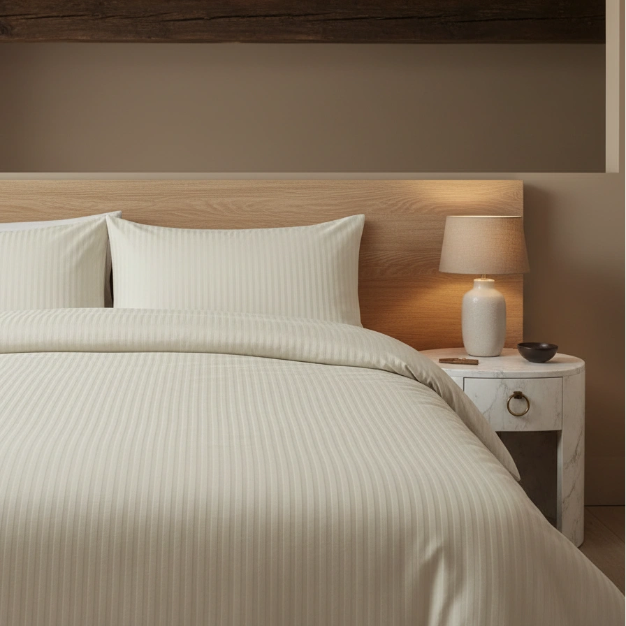 Dekbedovertrek 200x200 Satijn Katoen Gestreept Creme