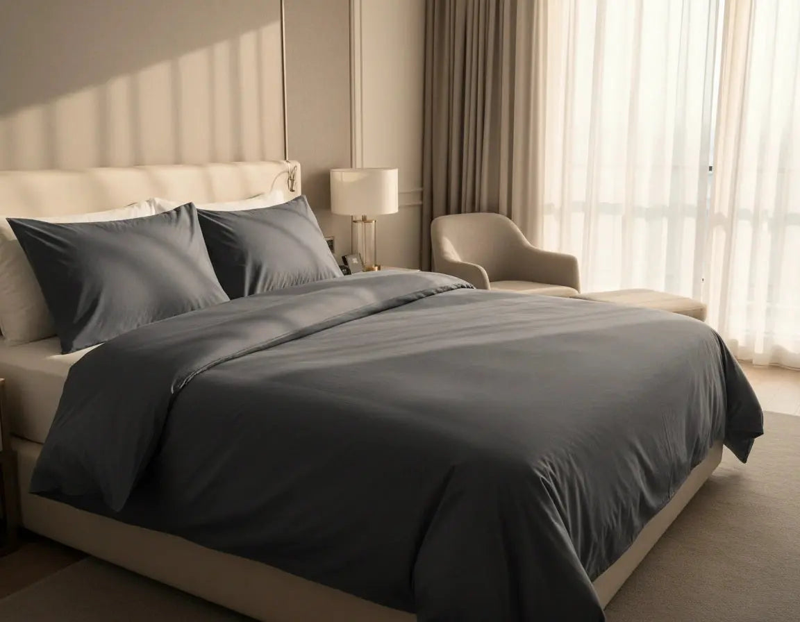 Luxe antraciet dekbedovertrek 240x220 lits-jumeaux, strak opgemaakt op een beige boxspring in een lichte moderne slaapkamer met hoge ramen, warme zonlichtinval, nachtkastjes en een stijlvolle fauteuil.