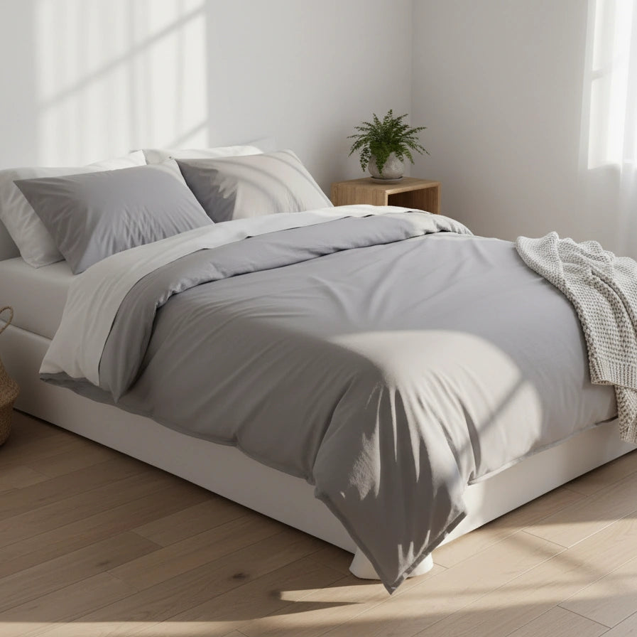 Grijze dekbedovertrek 240x220 lits-jumeaux in moderne minimalistische slaapkamer met houten vloer, zachte ochtendzon, witte muren en bijpassende kussenslopen, luxe hotelgevoel.