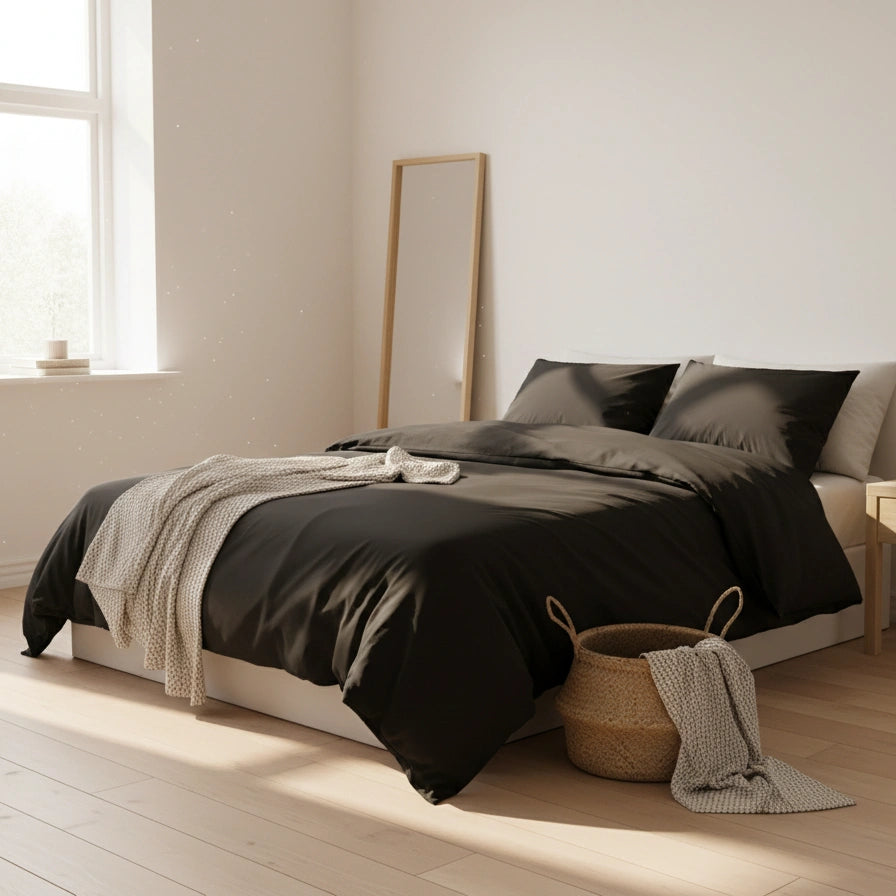 Zwart dekbedovertrek 240x220 van 100% katoen, luxe hotelkwaliteit, opgemaakt bed met twee zwarte kussenslopen in minimalistisch lichte slaapkamer met houten vloer en gebreide plaid.