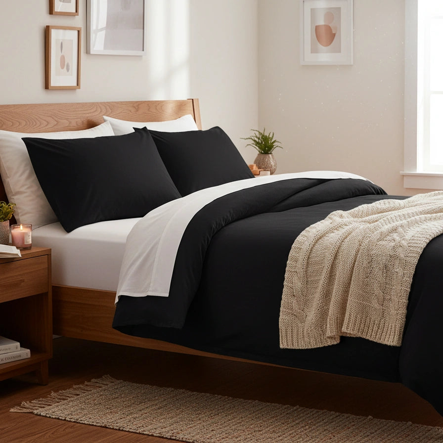Zwart 100% katoenen dekbedovertrek 240x220 op een opgemaakt bed, met witte lakens en gebreide plaid in een warme, minimalistische slaapkamer.
