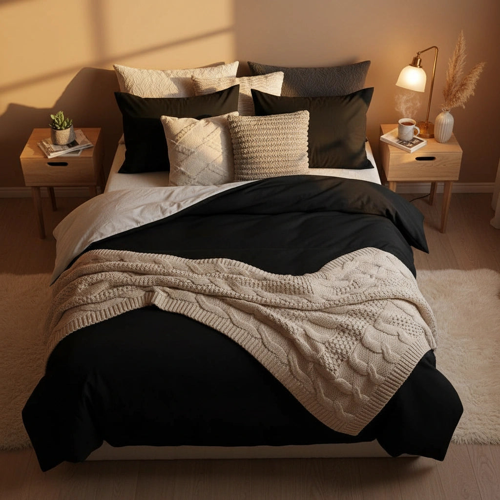 Zwarte 240x220 dekbedovertrek slaapkamer met een bruine plaid