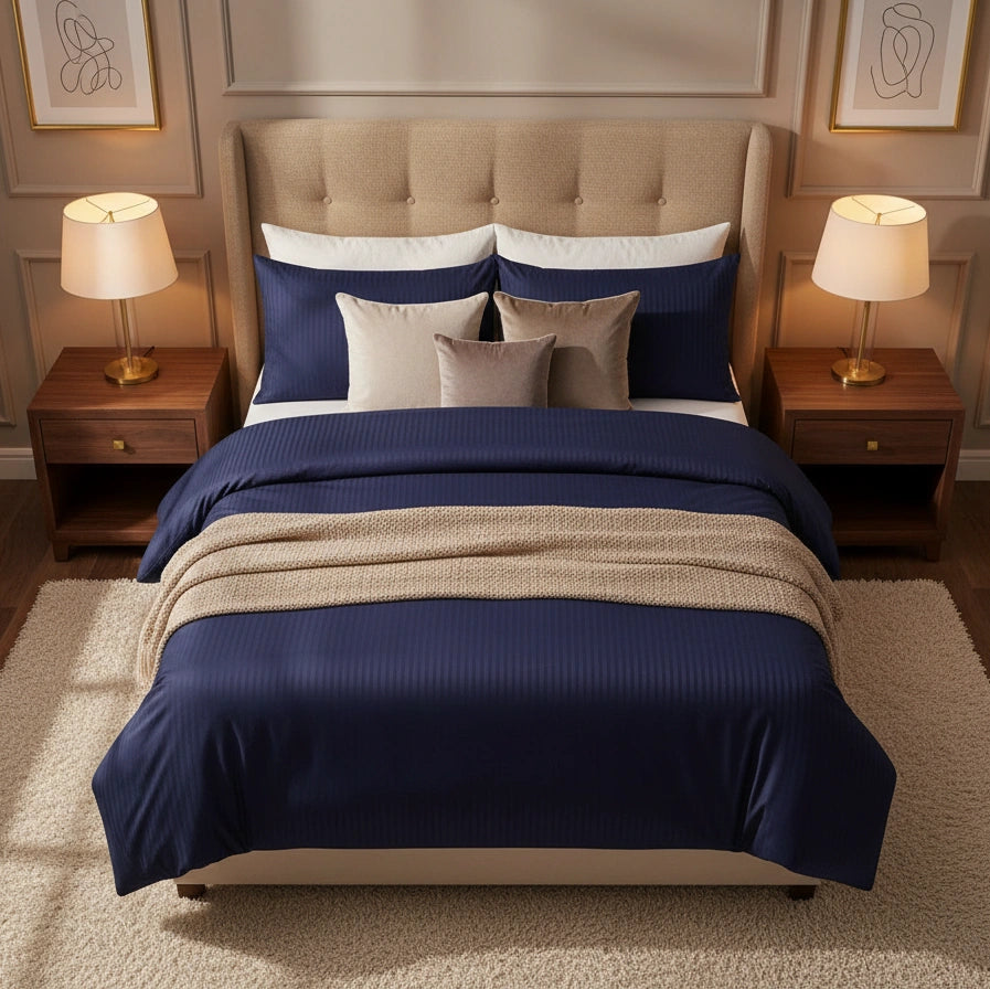 Dekbedovertrek 240x220 Satijn Katoen Gestreept Blauw