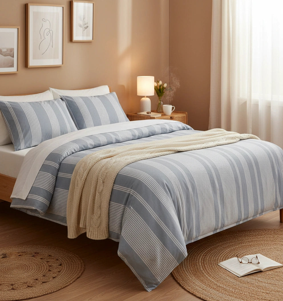 lichtblauw gestreepte dekbedovertrek van chambry weving van hotelkwaliteit in warme slaapkamer met decor, inclusief kussenslopen