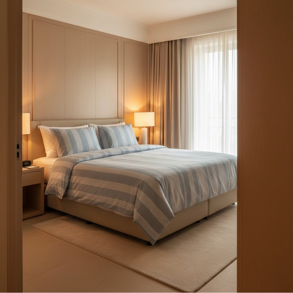 lichtblauw gestreepte tweepersoons dekbedovertrek van chambry weving design in hotel kamer 