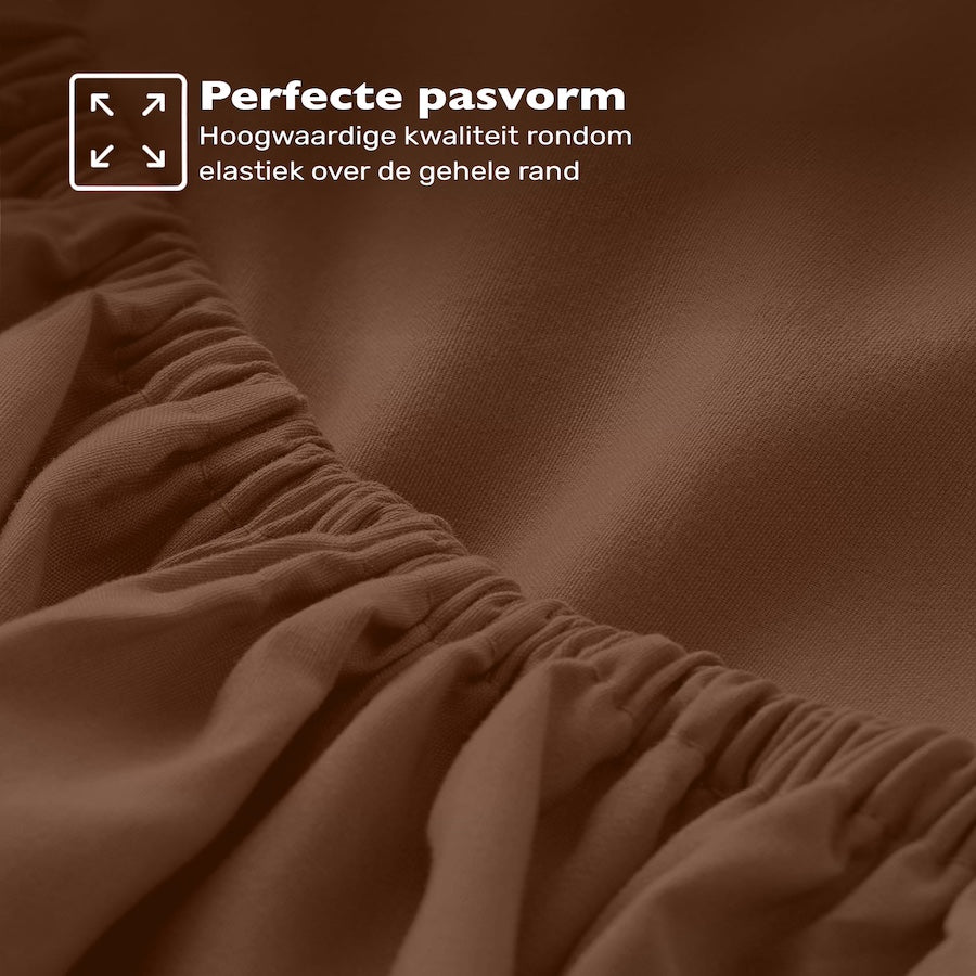 Jersey hoeslaken bruin met elastiek rondom – rekbaar en stevig aansluitend voor de beste pasvorm – Beterkatoen