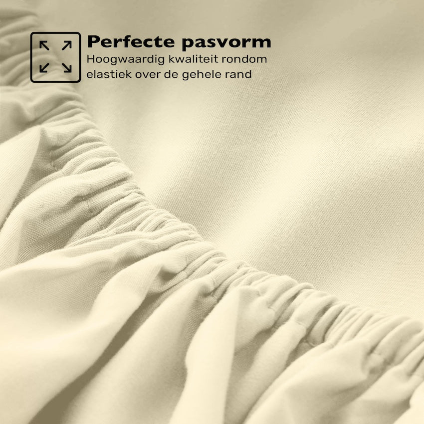 Jersey hoeslaken creme met elastiek rondom – rekbaar en stevig aansluitend voor de beste pasvorm – Beterkatoen