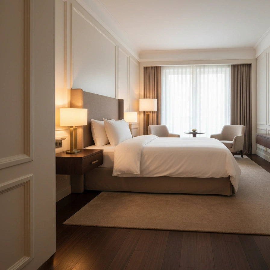 wit hotel dekbedovertrek van hoogwaardig katoen in luxe hotelkamer