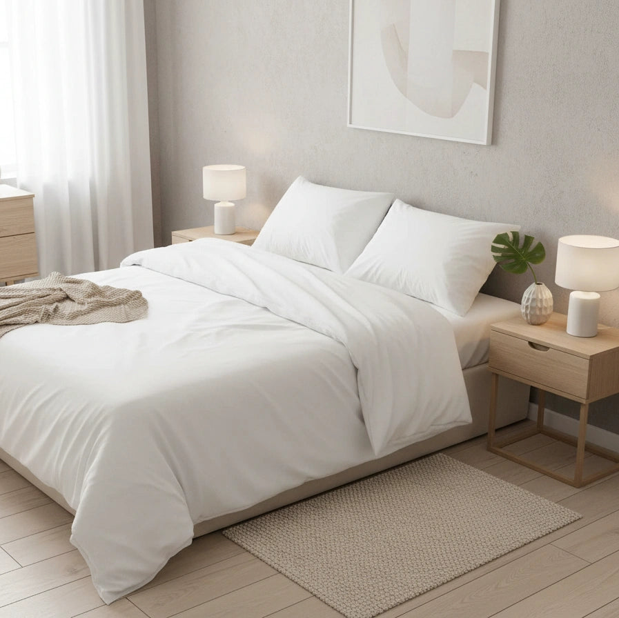 zijaanzicht van wit dekbedovertrek 200x200 in hotelkamer