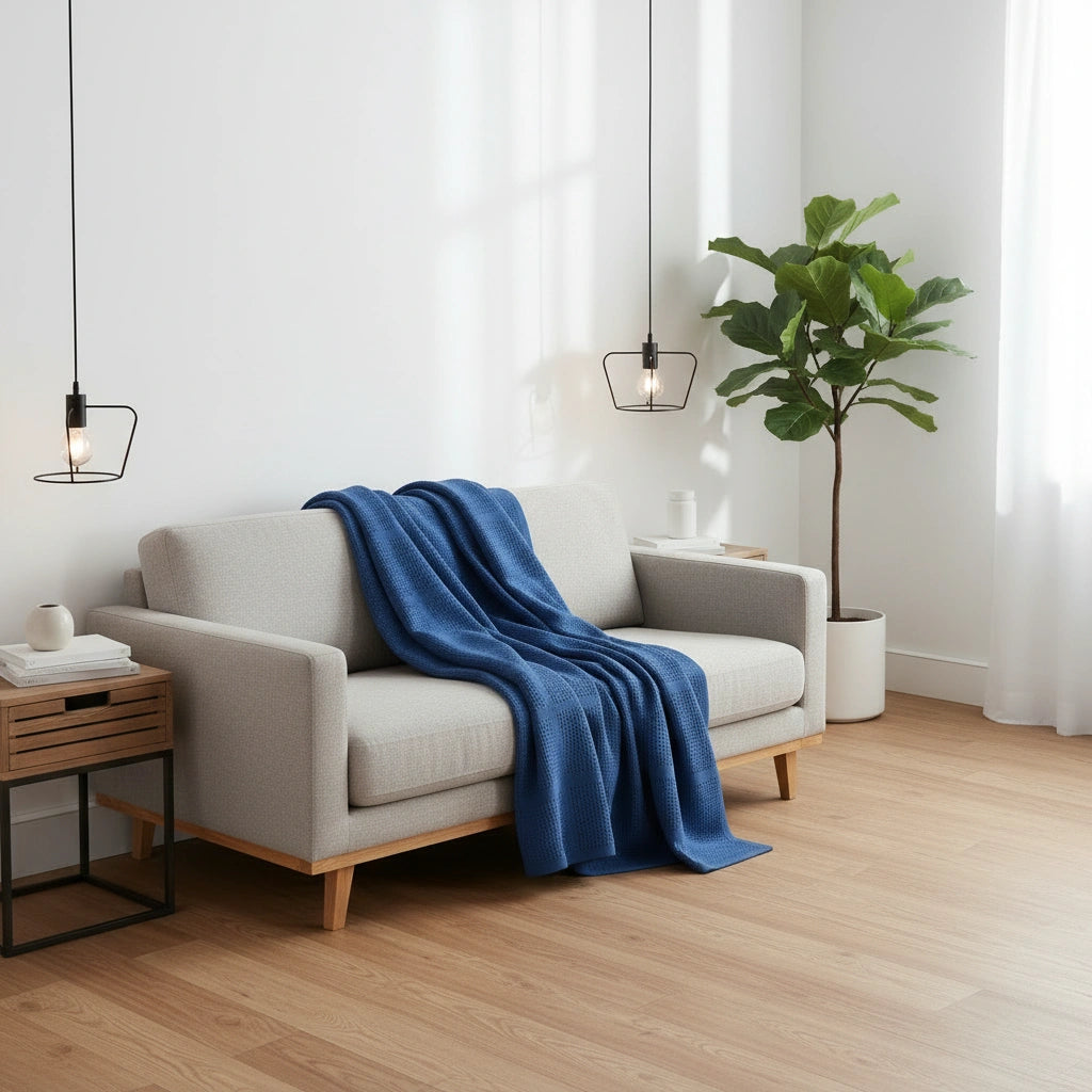 blauwe plaid van 100% katoen op een grijze bank