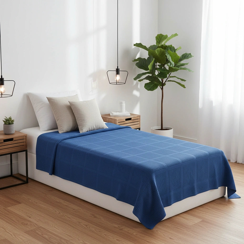 blauwe plaid van 100% katoen op een eenpersoons