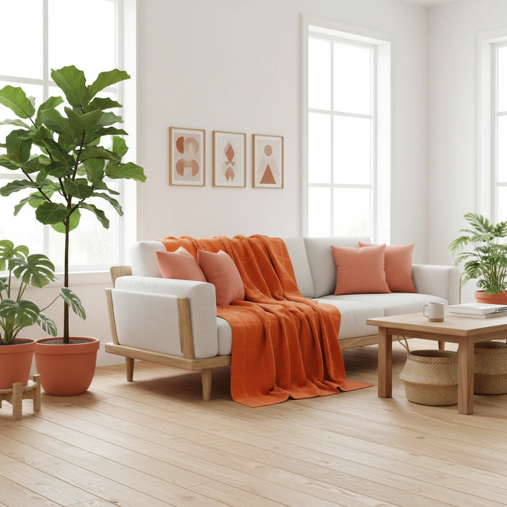 coraal pompoen achtig katoenen plaid op een bank in de woonkamer