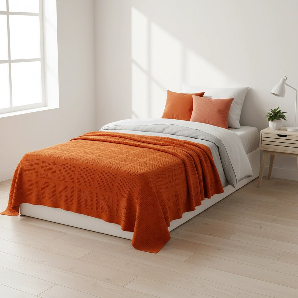 katoenen plaid in de kleur coraal pompoen achtig op een eenpersoons bed