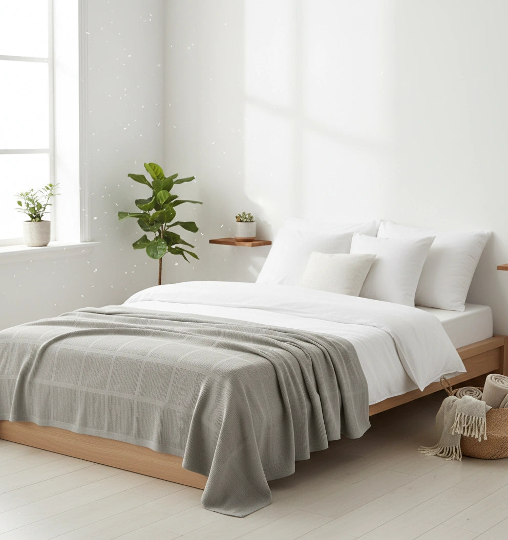 grijze plaid van katoen op de bed in een slaapkamer