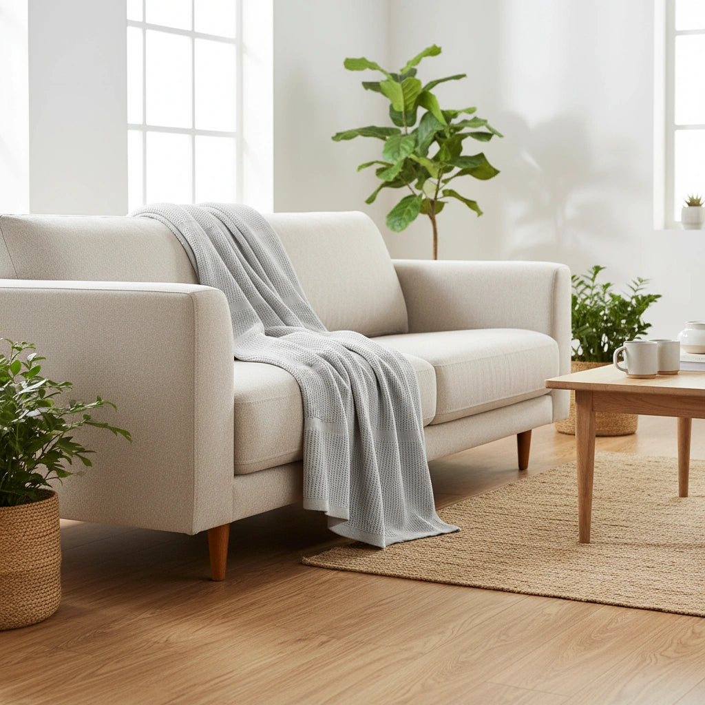 grijze plaid op de bank van 100% katoen