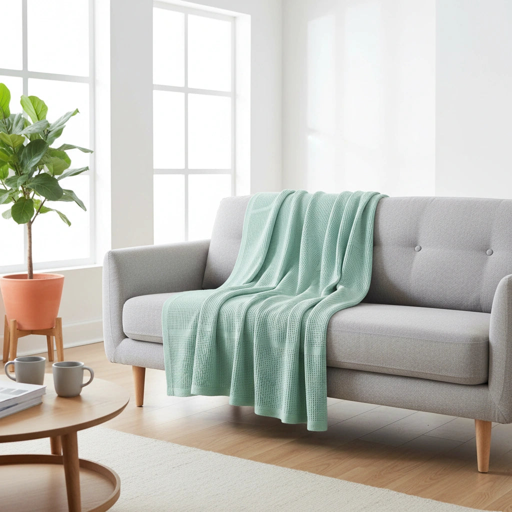 katoenen plaid van beterkatoen op een grijze bank. de plaid is mint groen