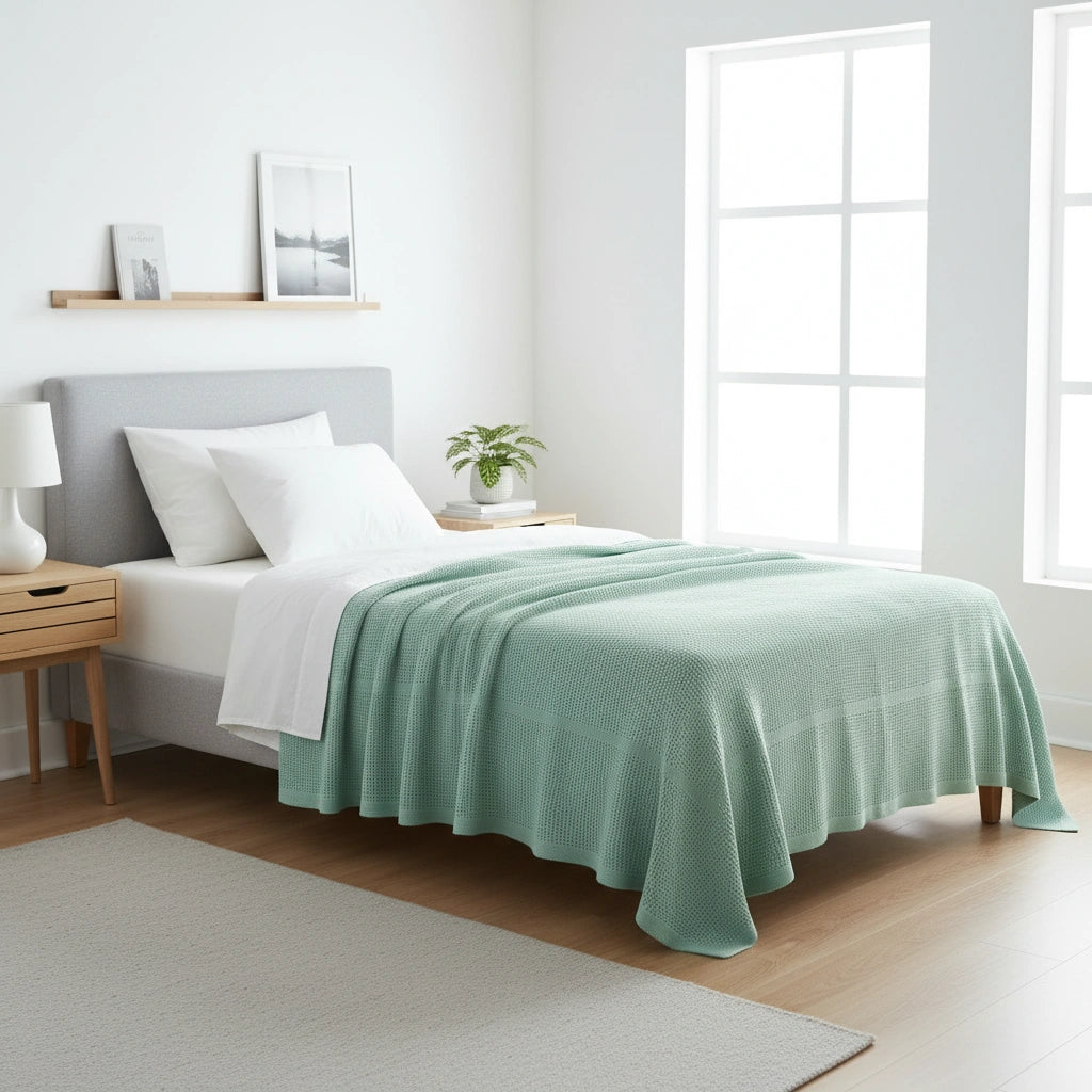 mint groene plaid van 100% katoen op een eenpersoons bed