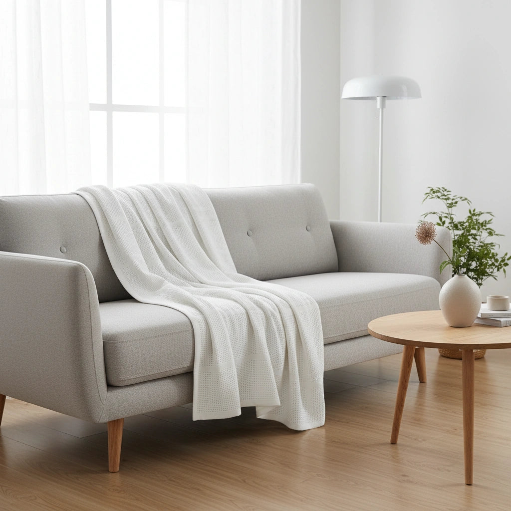 witte plaid van 100% katoen op een grijze bank 