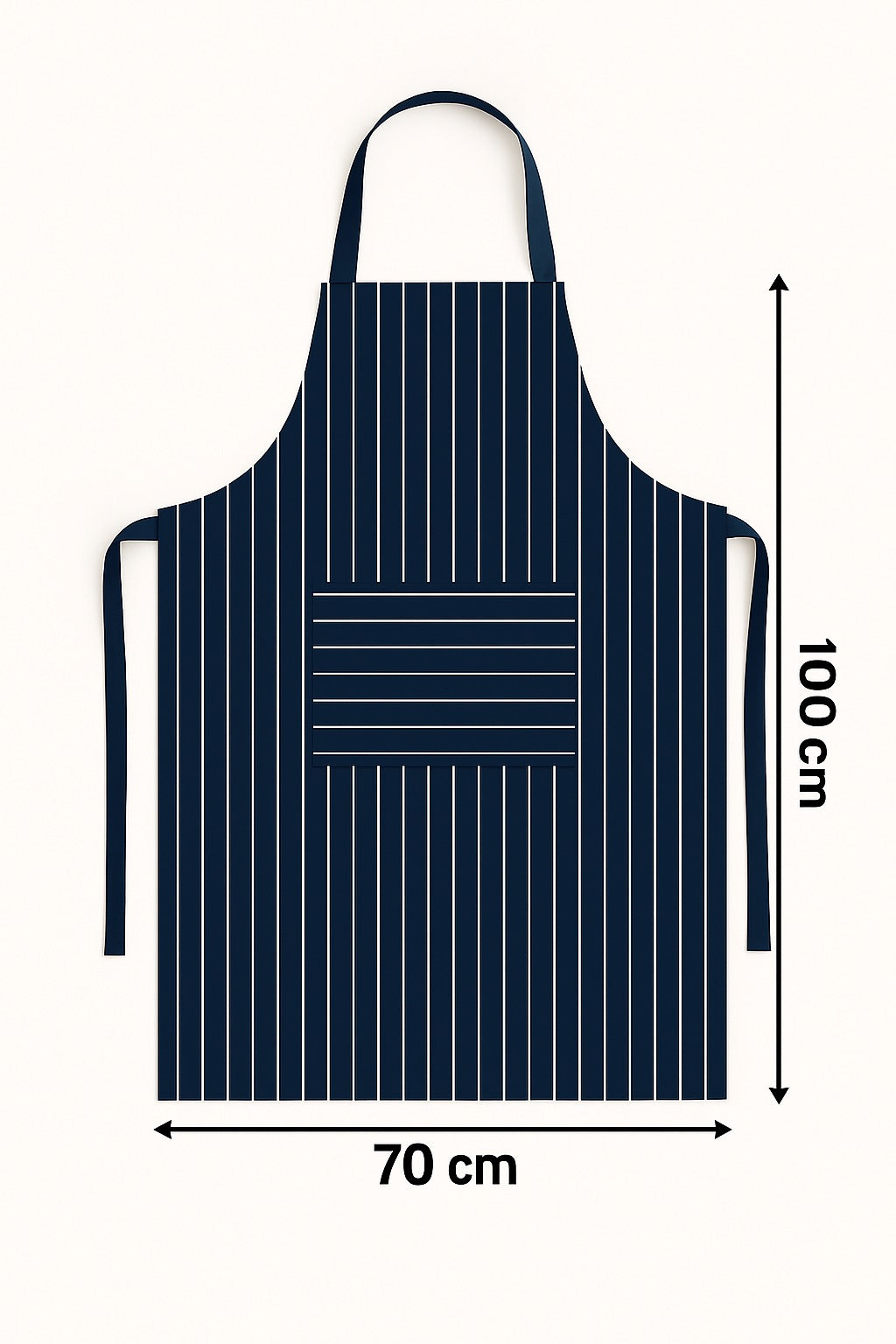 Afmetingen van blauw wit gestreepte keukenschort 100x70 cm - ruime pasvorm met lange taillebanden - Beterkatoen