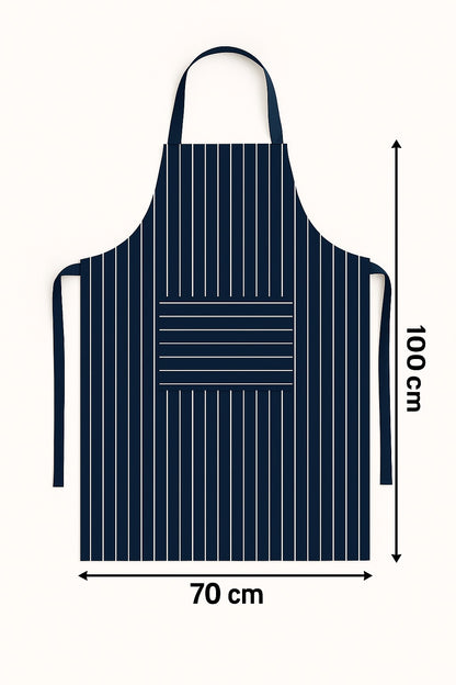 Afmetingen van blauw wit gestreepte keukenschort 100x70 cm - ruime pasvorm met lange taillebanden - Beterkatoen