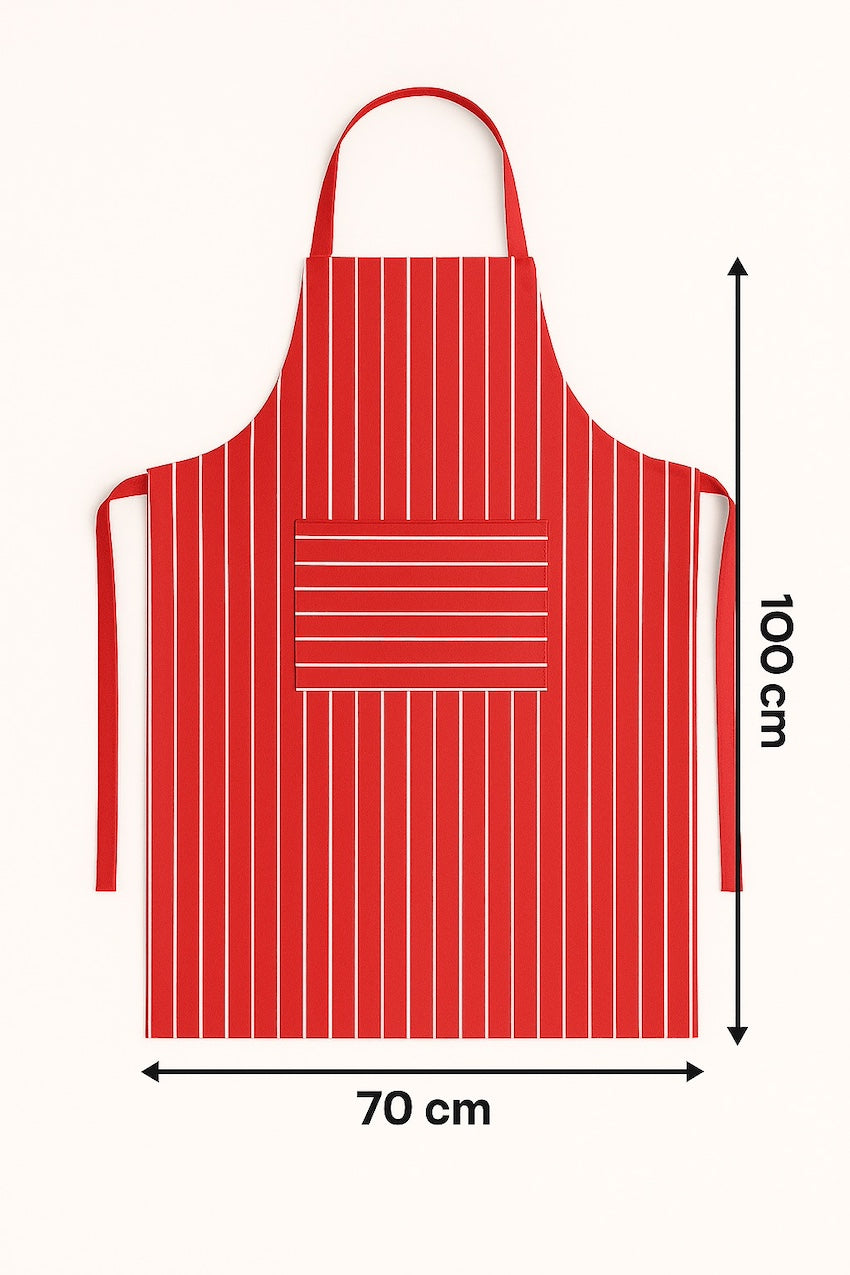Afmetingen van rood wit gestreepte keukenschort 100x70 cm - ruime pasvorm met lange taillebanden - Beterkatoen