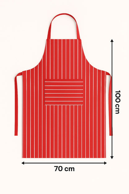 Afmetingen van rood wit gestreepte keukenschort 100x70 cm - ruime pasvorm met lange taillebanden - Beterkatoen