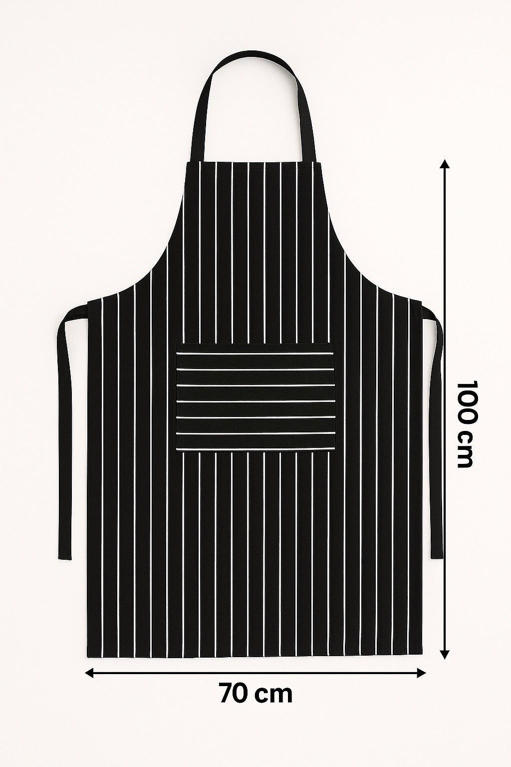 Afmetingen van zwart wit gestreepte keukenschort 100x70 cm - ruime pasvorm met lange taillebanden - Beterkatoen
