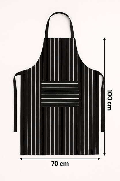 Afmetingen van zwart wit gestreepte keukenschort 100x70 cm - ruime pasvorm met lange taillebanden - Beterkatoen
