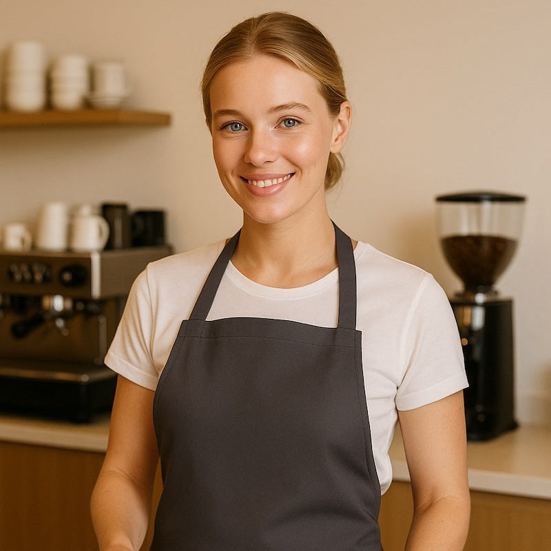 Vrouw met antraciet keukenschort - dames schort met zak en verstelbare taille - Beterkatoen