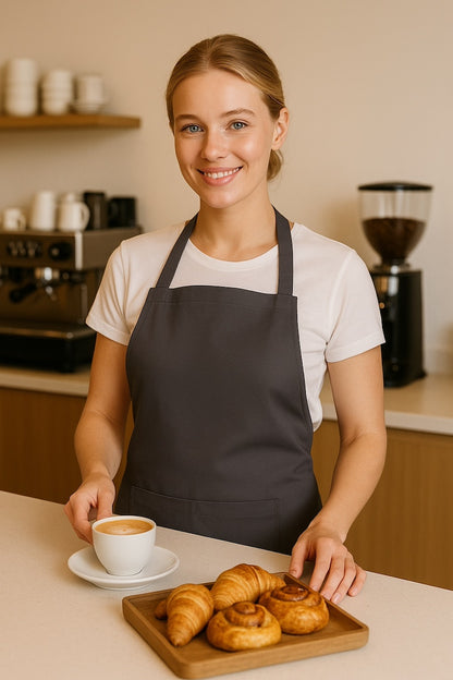 Vrouw met antraciet keukenschort - dames schort met zak en verstelbare taille - Beterkatoen