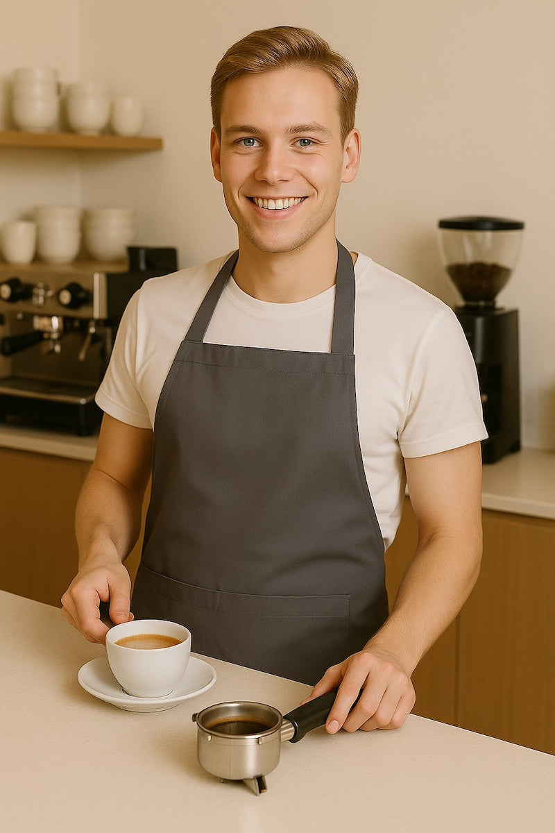Man draagt antraciet keukenschort - heren schort met lange taillebanden voor horeca - Beterkatoen
