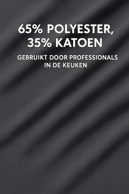 Detail van de stof van antraciet keukenschort - mix van katoen en polyester, stevig en ademend - Beterkatoen