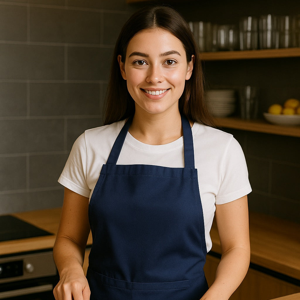 Vrouw met blauw keukenschort - dames schort met zak en verstelbare taille - Beterkatoen