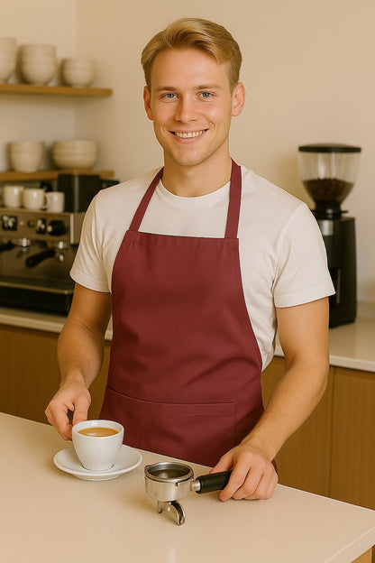 Man draagt bordeaux keukenschort - heren schort met lange taillebanden voor horeca - Beterkatoen