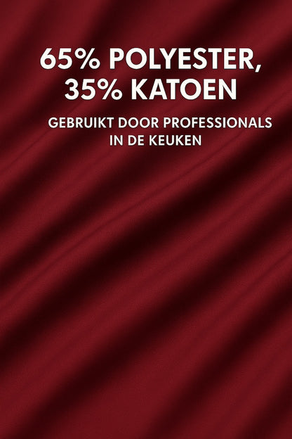 Detail van de stof van bordeaux keukenschort - mix van katoen en polyester, stevig en ademend - Beterkatoen