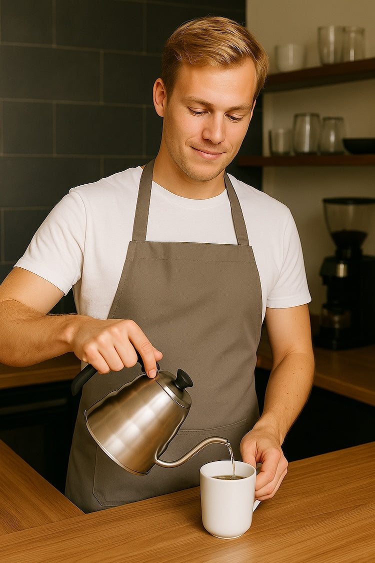 Man draagt bruine keukenschort - heren schort met lange taillebanden voor horeca - Beterkatoen