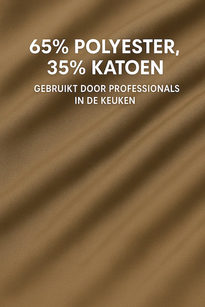 Detail van de stof van bruine keukenschort - mix van katoen en polyester, stevig en ademend - Beterkatoen