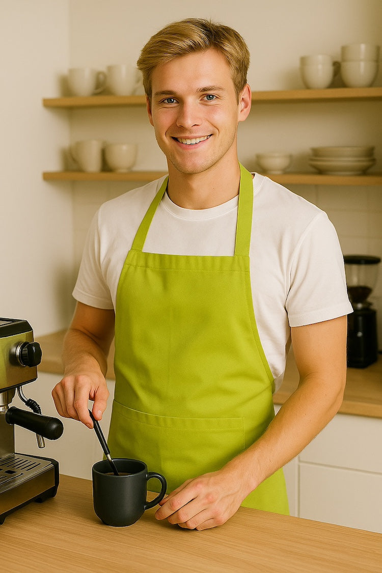 Man draagt geel keukenschort - heren schort met lange taillebanden voor horeca - Beterkatoen