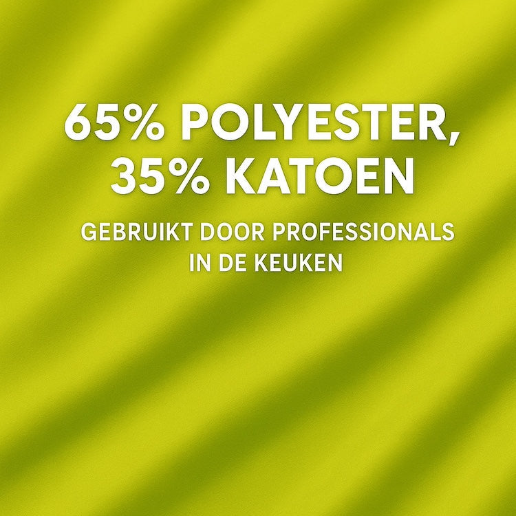Detail van de stof van groen gele keukenschort - mix van katoen en polyester, stevig en ademend - Beterkatoen