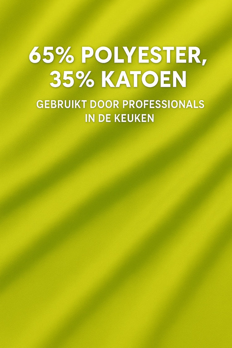 Detail van de stof van groen gele keukenschort - mix van katoen en polyester, stevig en ademend - Beterkatoen