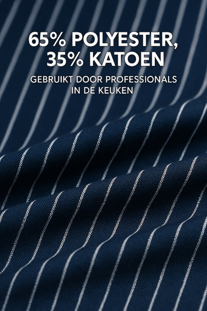 Detail van de stof van marine blauw wit gestreepte keukenschort - mix van katoen en polyester, stevig en ademend - Beterkatoen