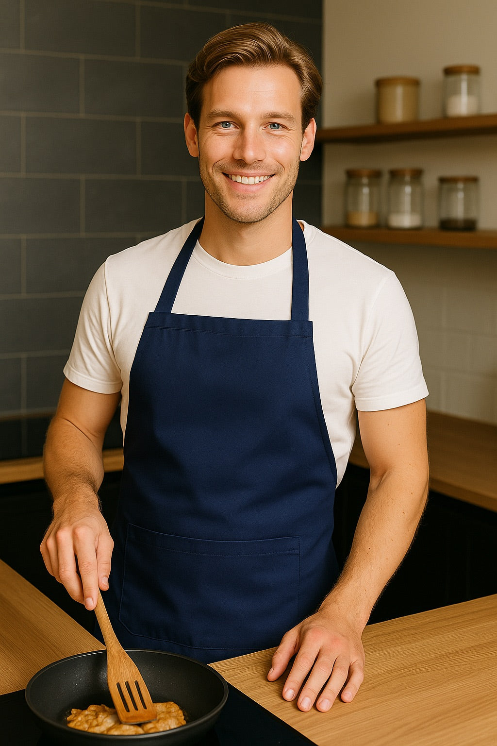 Man draagt marine blauw keukenschort - heren schort met lange taillebanden voor horeca - Beterkatoen