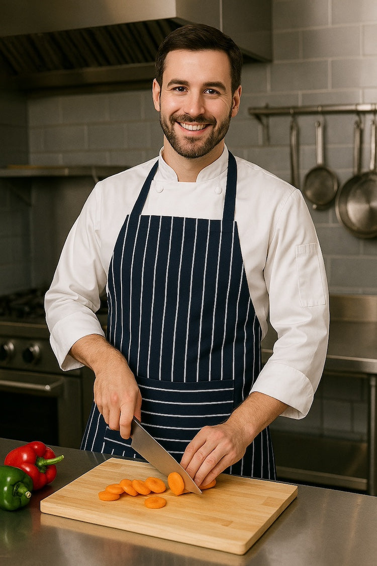 Man draagt marine blauw wit gestreepte keukenschort - heren schort met lange taillebanden voor horeca - Beterkatoen