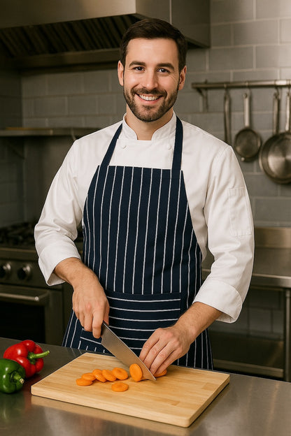 Man draagt marine blauw wit gestreepte keukenschort - heren schort met lange taillebanden voor horeca - Beterkatoen