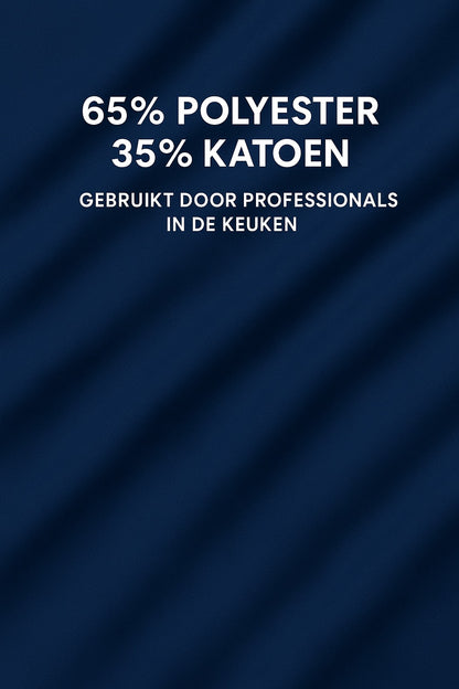 Detail van de stof van blauw keukenschort - mix van katoen en polyester, stevig en ademend - Beterkatoen