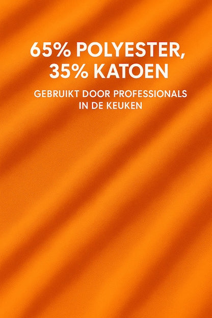 Detail van de stof van oranje keukenschort - mix van katoen en polyester, stevig en ademend - Beterkatoen
